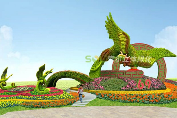 國(guó)慶主題綠雕“百鳥(niǎo)朝鳳”設(shè)計(jì)效果圖